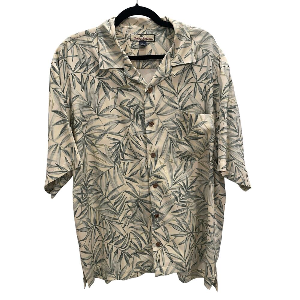 Tommy Bahama Silk Shirt Mens Large L Camp Hawaiian Palm Tree Leaf Green Beige SS